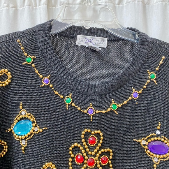 Vintage Glam Black Gold Metallic Beads & Jewels Embellished Beaded Sweater M - Picture 3 of 7